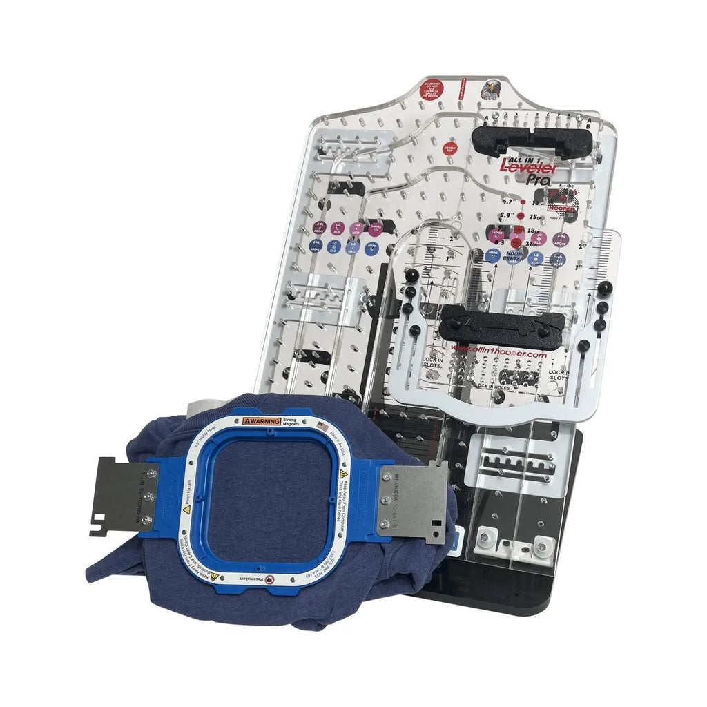 Leveler Pro Plus Small & Large Hoop Kit Add-On for Hooping Station by Tex Inc; acrylic hoop frame with blue accents.