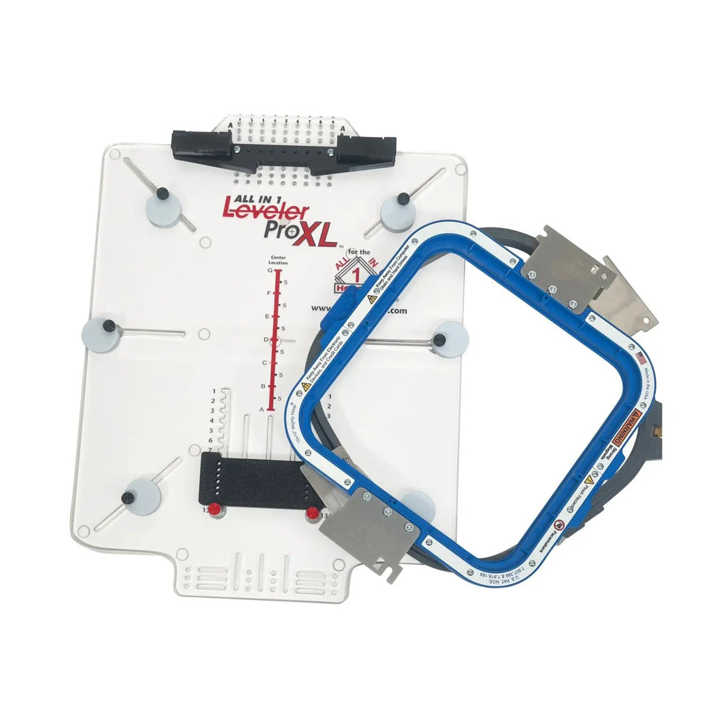 All in 1 Leveler Pro XL hooping station by Tex Inc, white base with blue embroidery hoop.