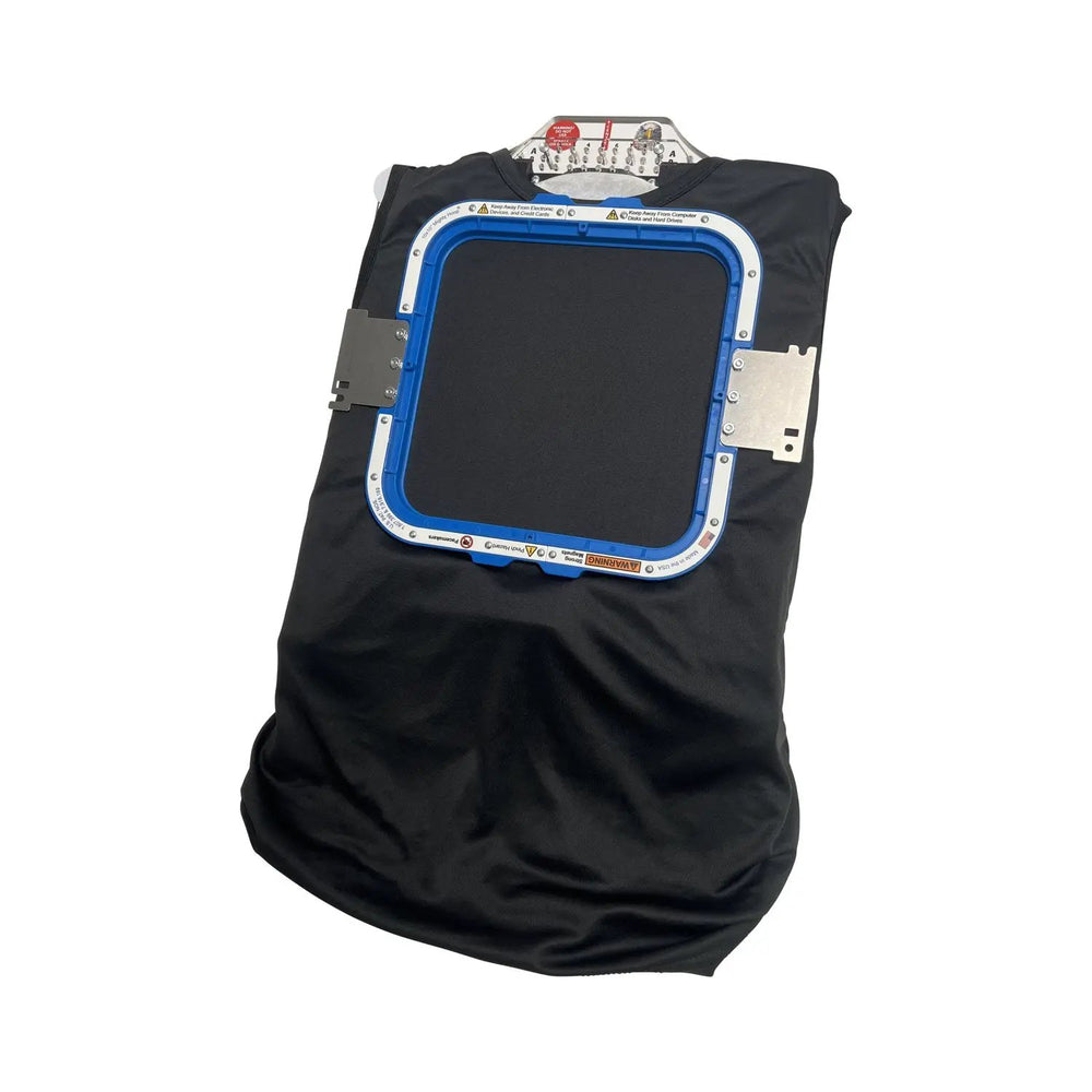 All in 1 Leveler Pro XL hooping station by Tex Inc, blue frame with silver clamps on black fabric.