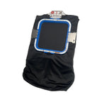 All in 1 Leveler Pro XL hooping station by Tex Inc, blue frame with silver clamps on black fabric.