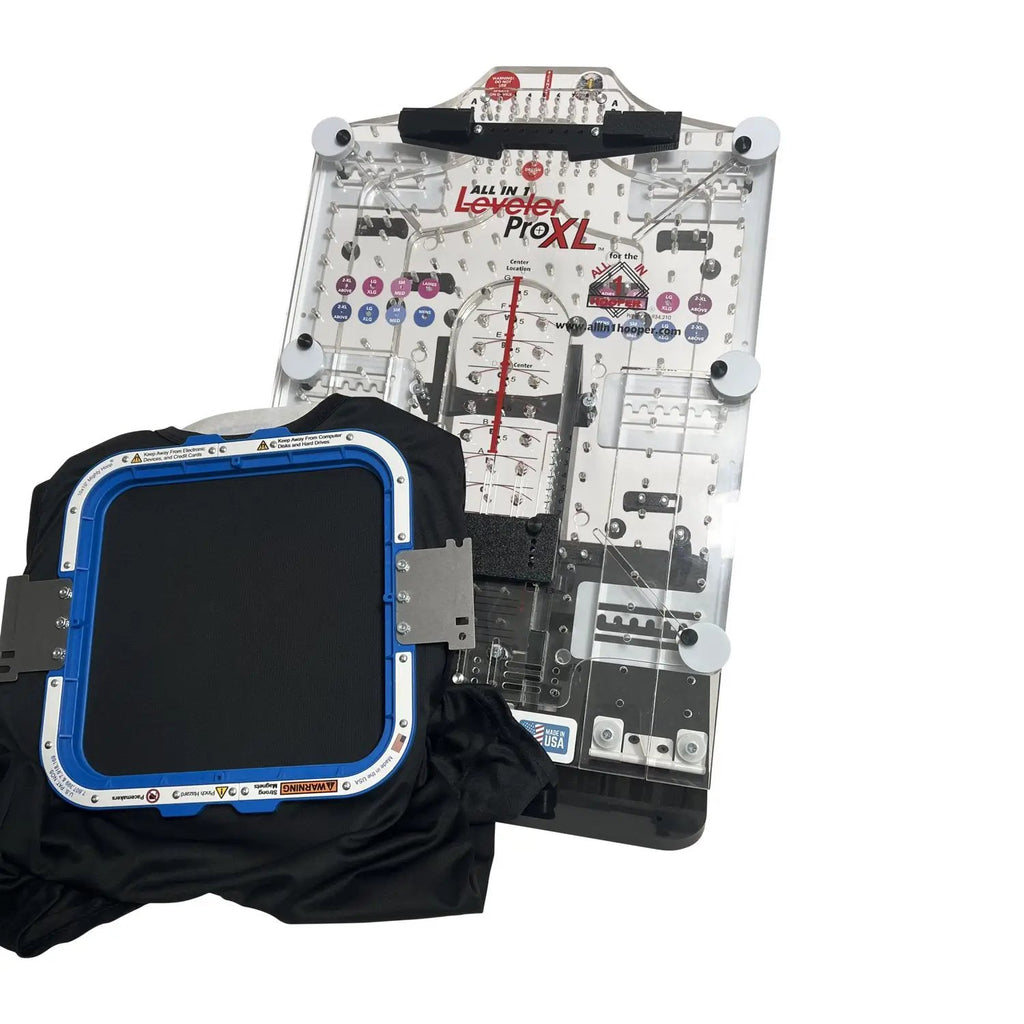 All in 1 Leveler Pro XL hooping station by Tex Inc with clear acrylic frame and blue hoop
