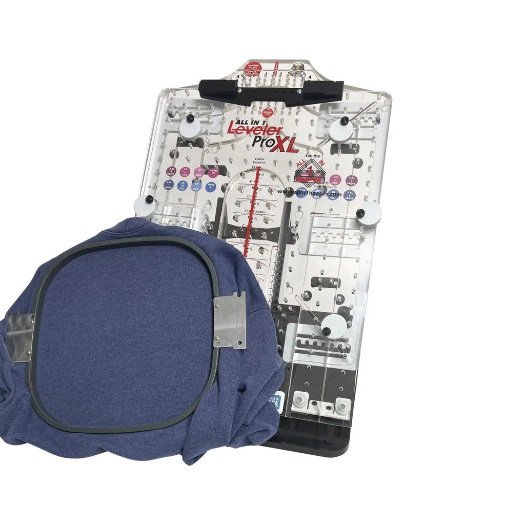 All in 1 Leveler Pro XL Hooping Station, Tex Inc, clear acrylic board with peg grid and garment hoop