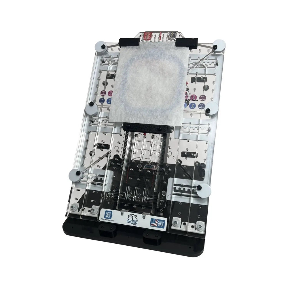 All in 1 Leveler Pro XL hooping station by Tex Inc; clear acrylic frame with metal leveling plate.