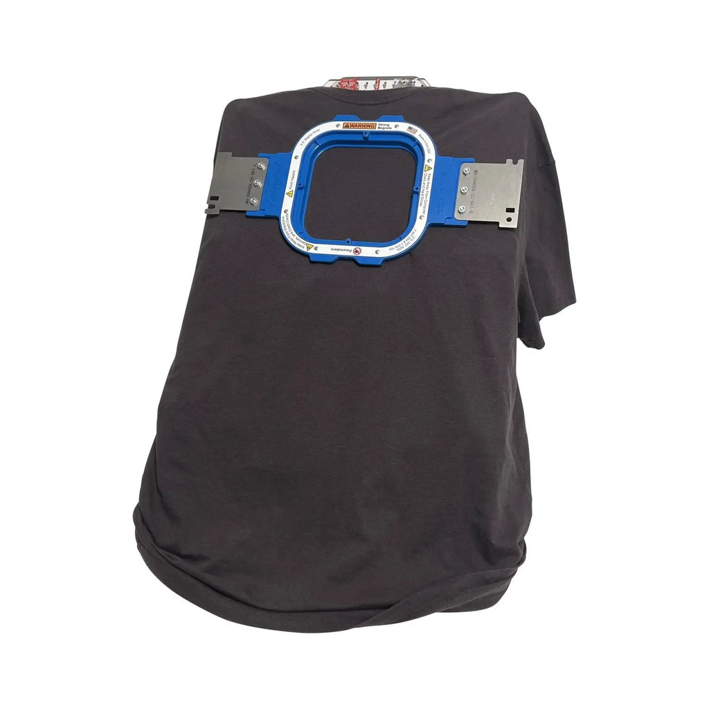 All in 1 Leveler Pro XL hooping station by Tex Inc on a dark shirt, blue frame