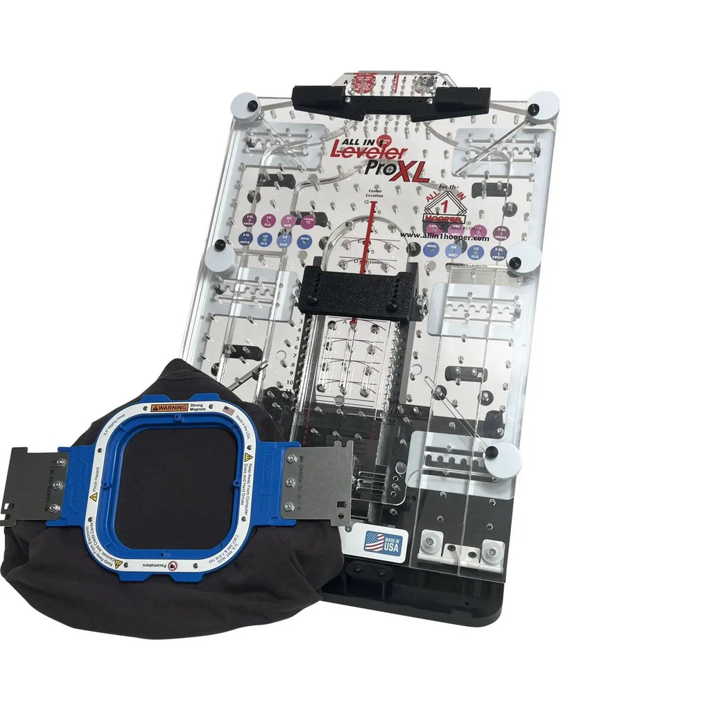 All in 1 Leveler Pro XL hooping station with a clear acrylic frame and blue embroidery hoop by Tex Inc