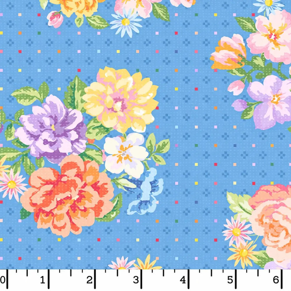 Gathering Sun Bouquet Blue/Multi quilting fabric with colorful flower bouquets on a blue dotted background by Maywood Studio
