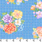 Gathering Sun Bouquet Blue/Multi quilting fabric with colorful flower bouquets on a blue dotted background by Maywood Studio