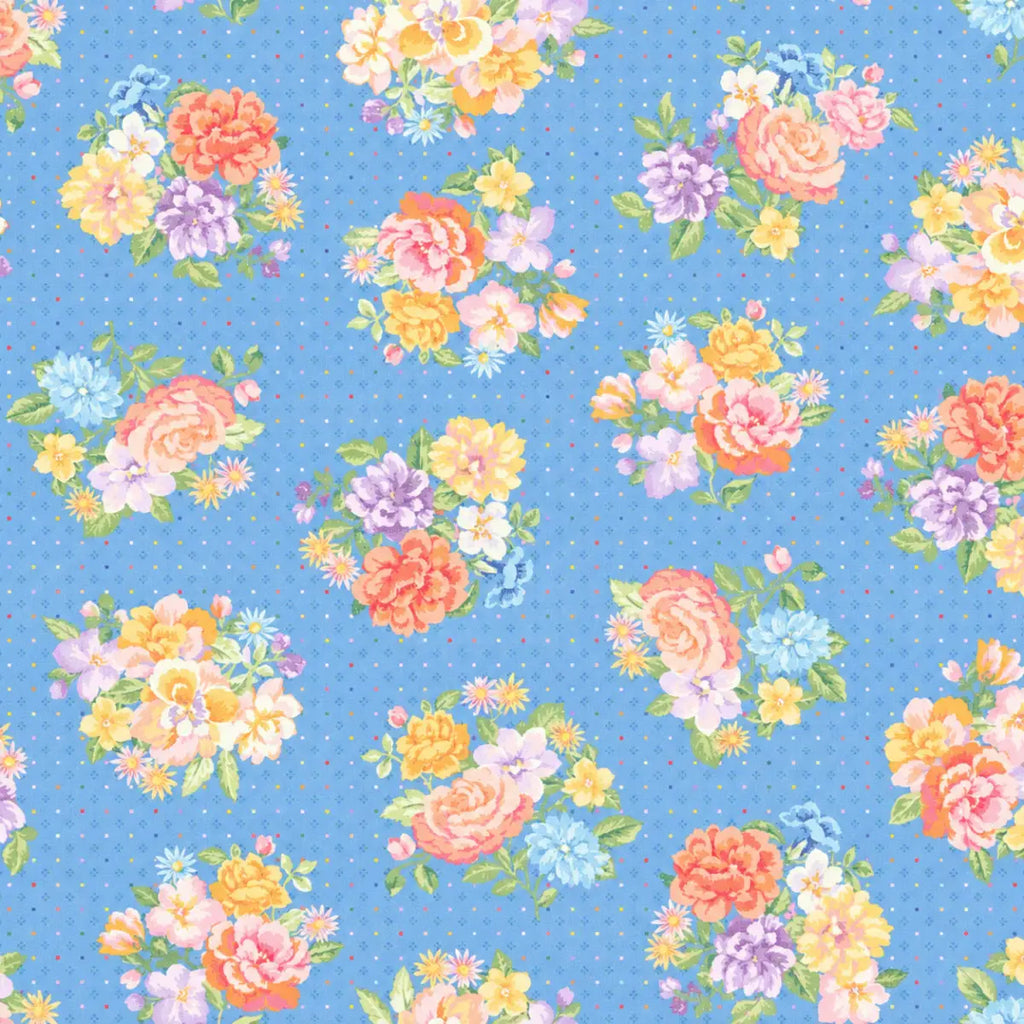 Gathering Sun Bouquet Blue/Multi quilting fabric with colorful flower bouquets on a blue dotted background by Maywood Studio