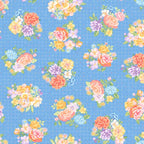 Gathering Sun Bouquet Blue/Multi quilting fabric with colorful flower bouquets on a blue dotted background by Maywood Studio