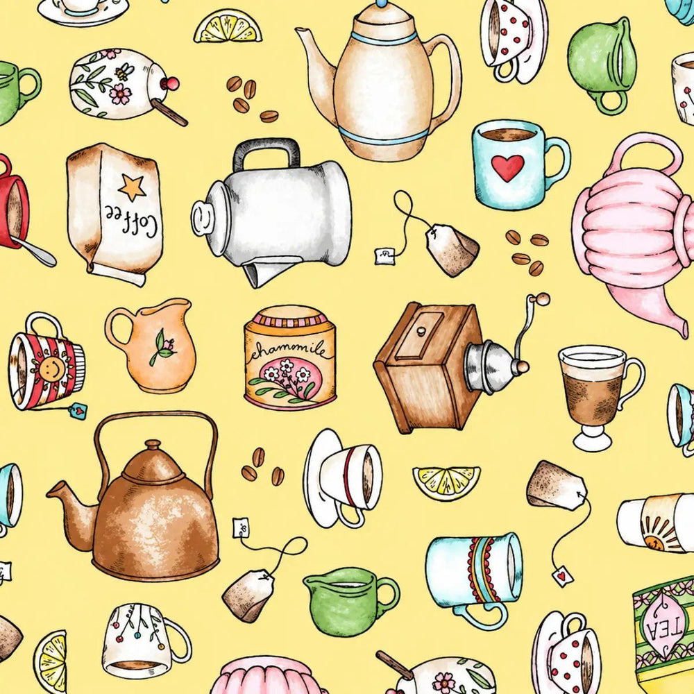 Dessert First creamy yellow coffee and tea making quilting fabric by Maywood Studio