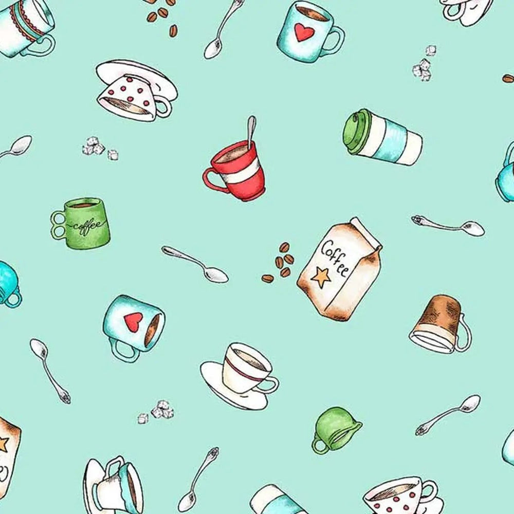 Dessert First Aqua Coffee Time quilting fabric with coffee cups, mugs, beans and café motifs by Kris Lammers for Maywood Studio
