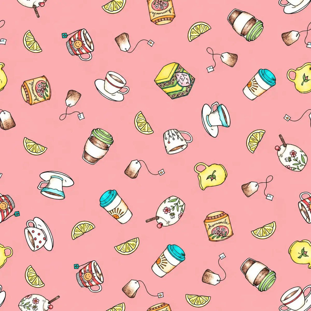 Dessert First Pink Tea Time quilting fabric with tea cups, tea bags, mugs and lemon motifs by Maywood Studio