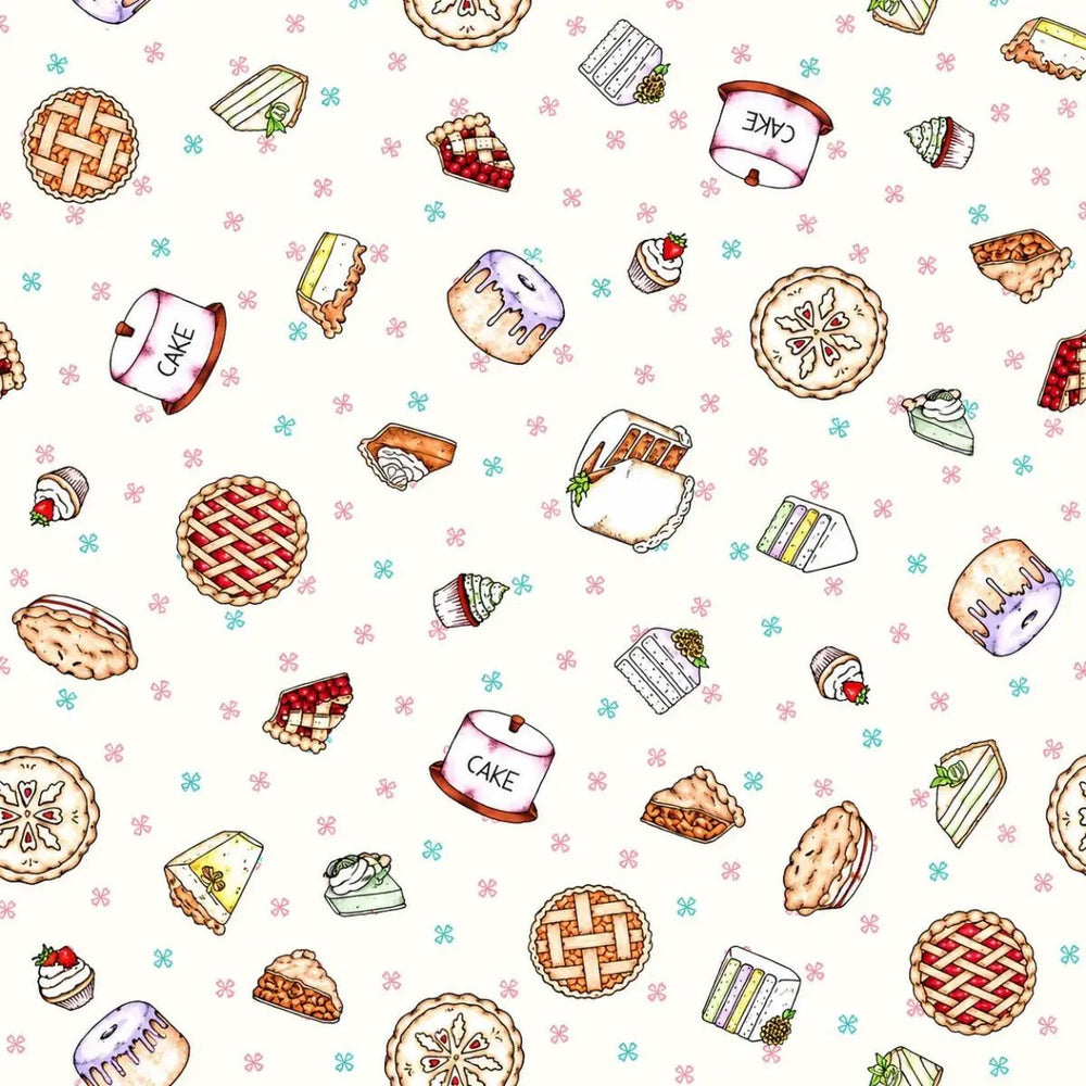 Dessert First Cream Pies and Cakes quilting fabric with pies, cakes, cupcakes and bakery motifs by Kris Lammers for Maywood Studio