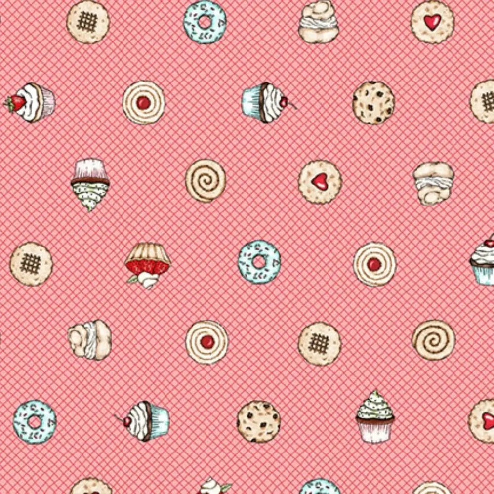 Dessert First pink cupcakes and cookies quilting fabric by Maywood Studio