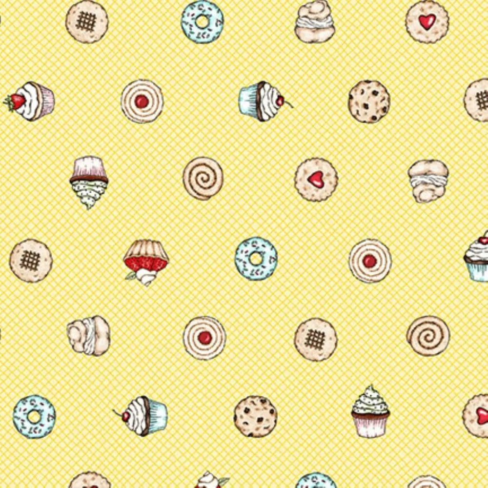Dessert First creamy yellow cupcakes and cookies quilting fabric by Kris Lammers for Maywood Studio