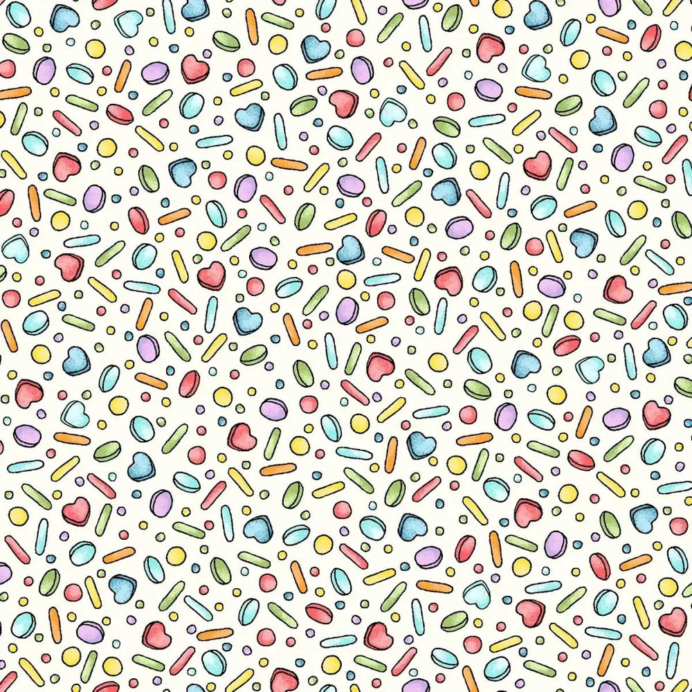 Dessert First Cream Rainbow Pastilles quilting fabric with colorful candy motifs by Kris Lammers for Maywood Studio