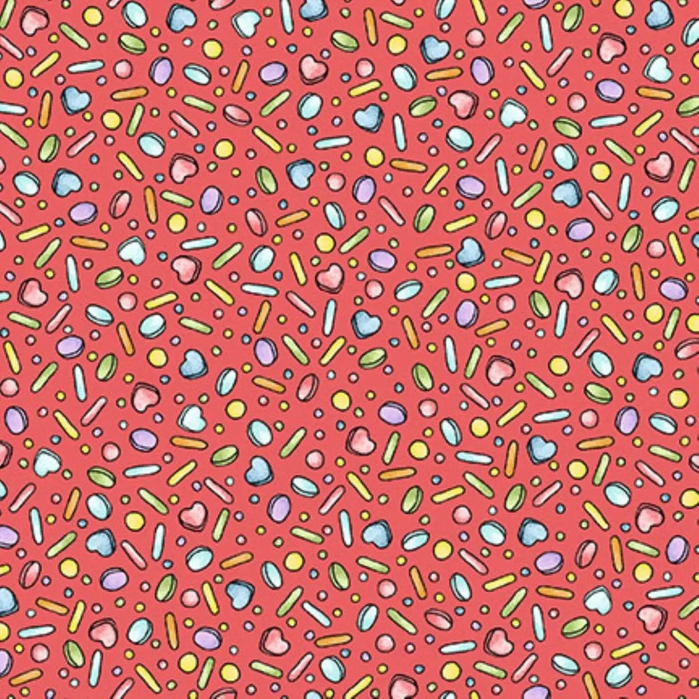 Dessert First Rose Red Rainbow Pastilles quilting fabric with colorful candy motifs by Kris Lammers for Maywood Studio