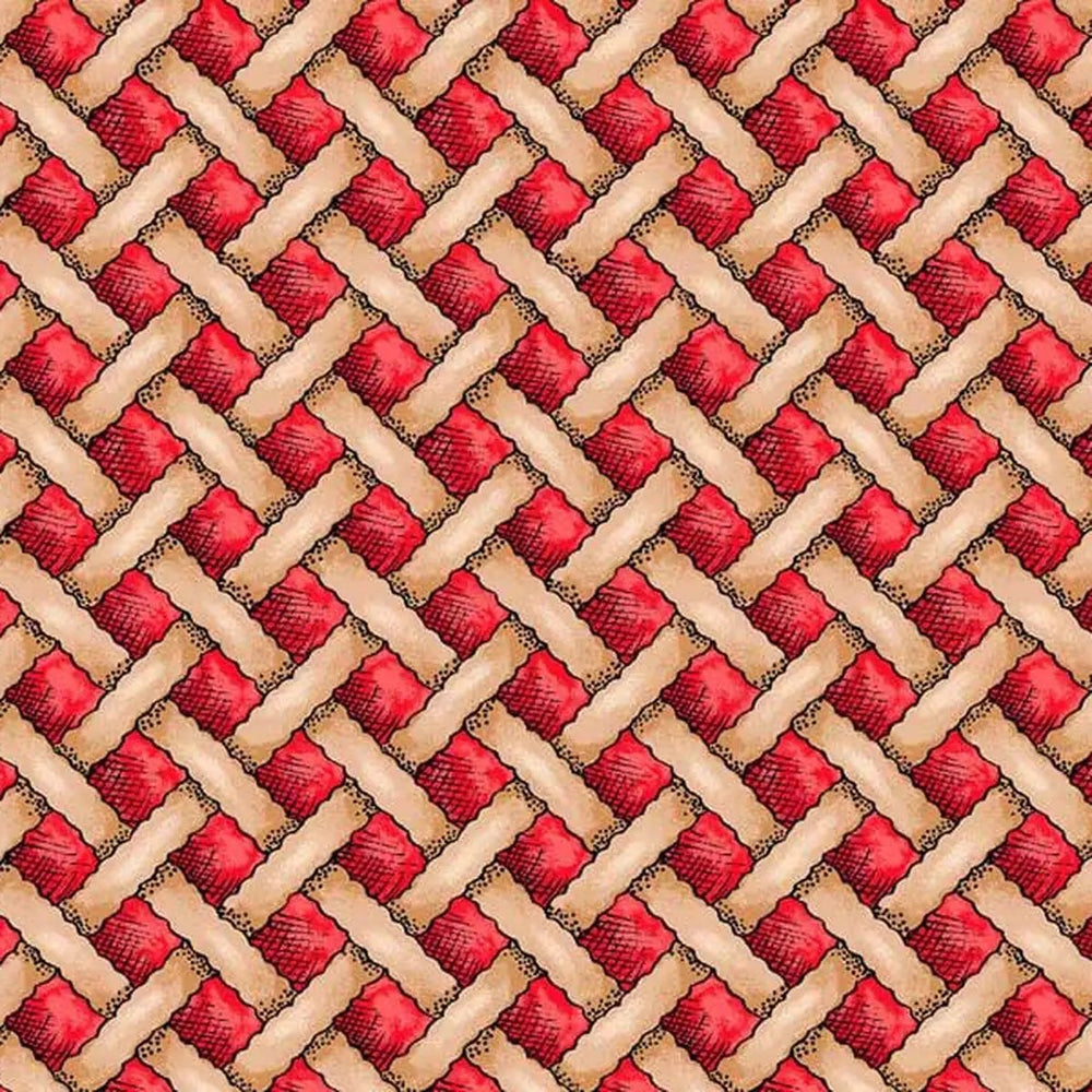 Dessert First Tan/Red Pie Lattice quilting fabric with repeating pastry lattice design by Kris Lammers for Maywood Studio