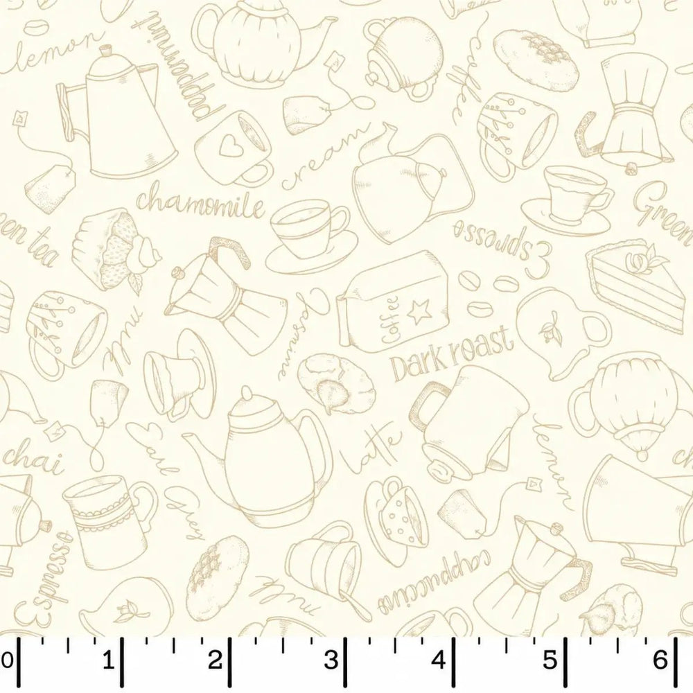 Dessert First Cream Sweet Toile quilting fabric with delicate dessert and tea motifs by Maywood Studio