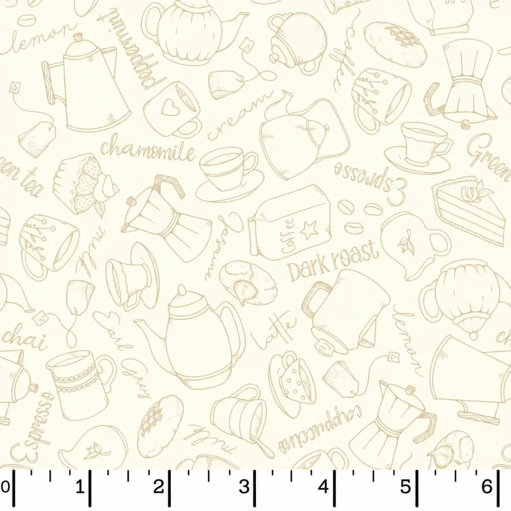 Dessert First Cream Sweet Toile quilting fabric with delicate dessert and tea motifs by Maywood Studio