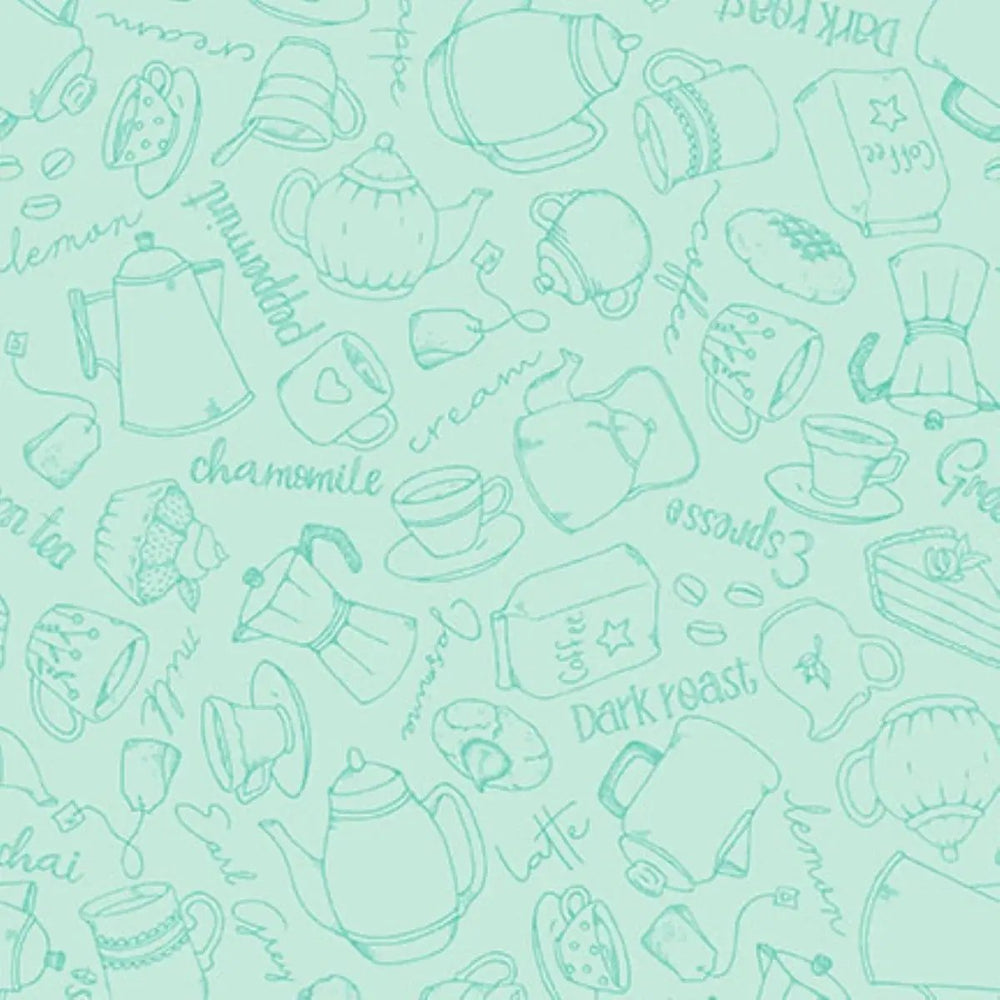 Dessert First Aqua Sweet Toile quilting fabric with delicate dessert and tea motifs by Maywood Studio