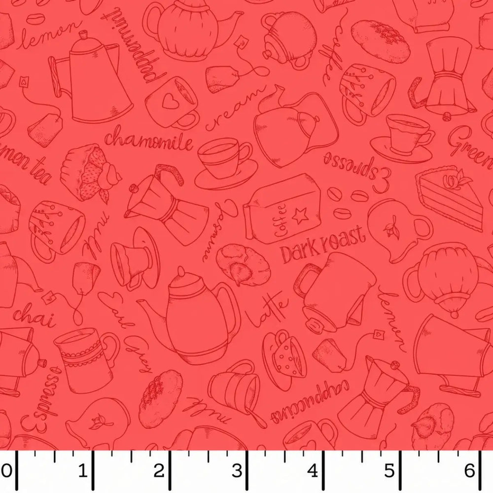 Dessert First Rose Red Sweet Toile quilting fabric with coffee, tea, pastry and dessert motifs by Kris Lammers for Maywood Studio