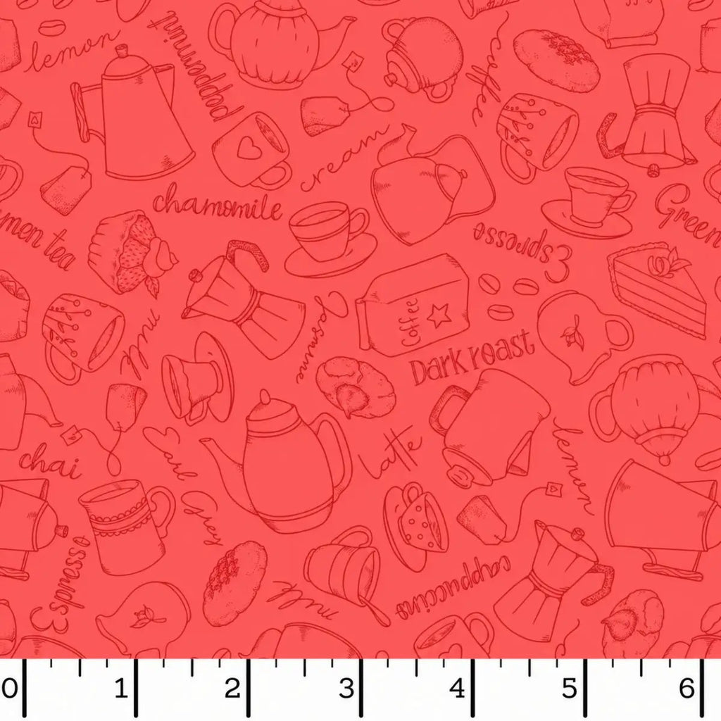 Dessert First Rose Red Sweet Toile quilting fabric with coffee, tea, pastry and dessert motifs by Kris Lammers for Maywood Studio