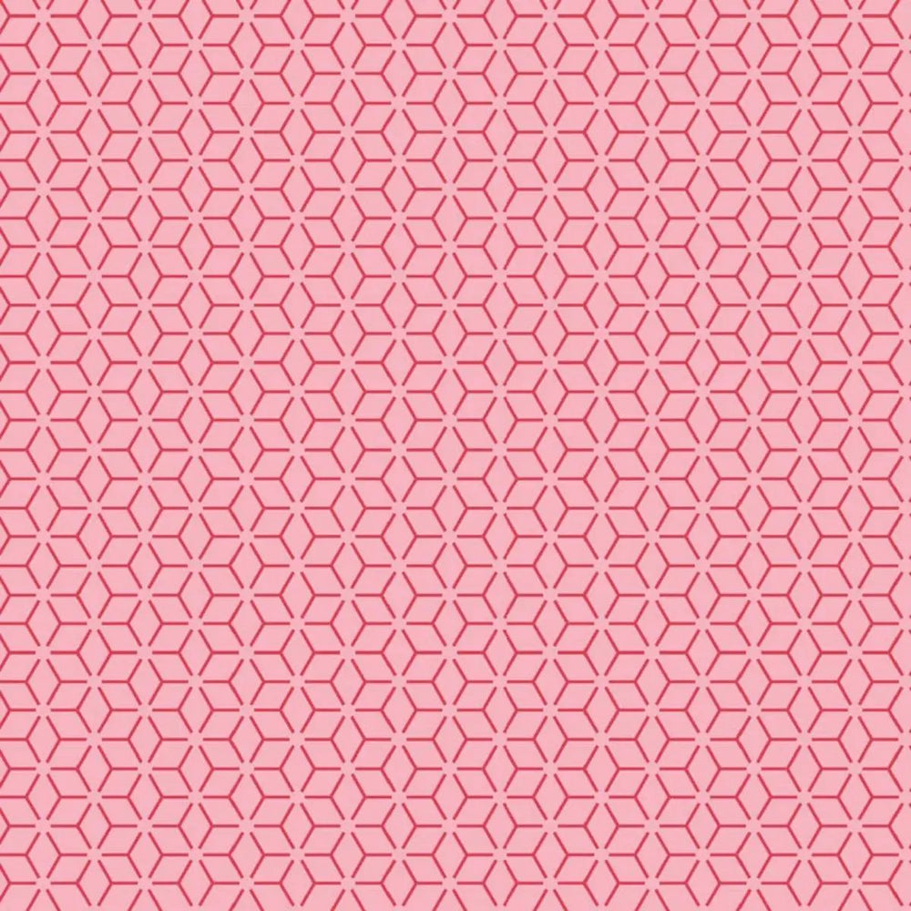 Kimberbell Basics Pink Connected Stars quilting cotton fabric with red interlocking star design on a pink background.