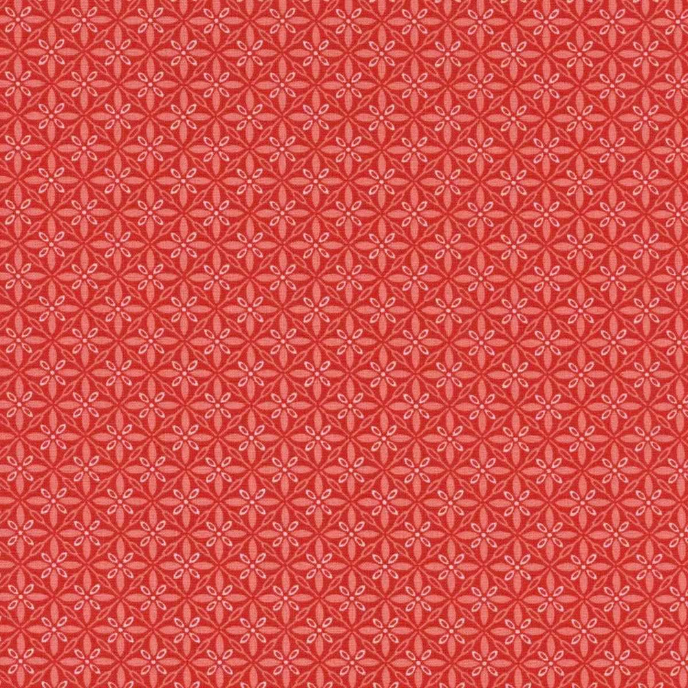 Kimberbell Basics Tufted Red quilting cotton fabric with a tonal geometric tuft pattern in lighter shades of red.