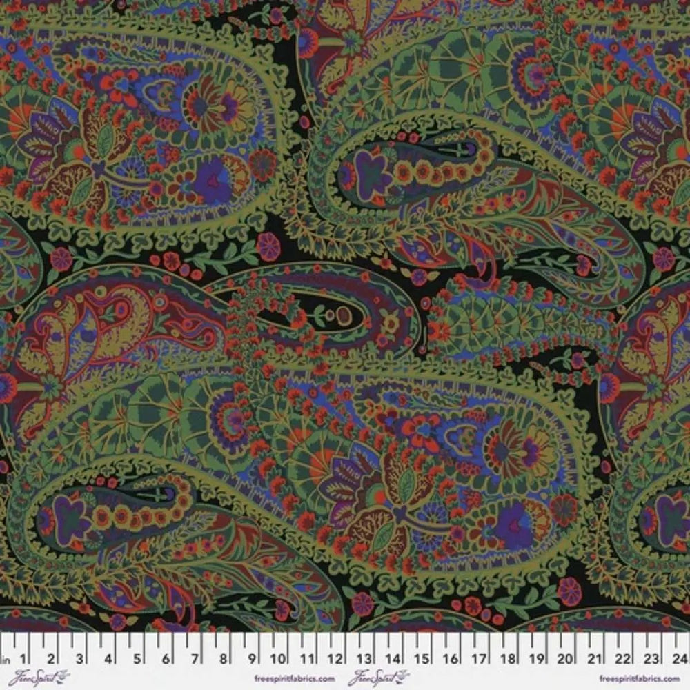 Paisley Jungle Moss quilting cotton fabric with oversized multicolor paisley motifs in deep green, olive, red, purple, and gold tones.