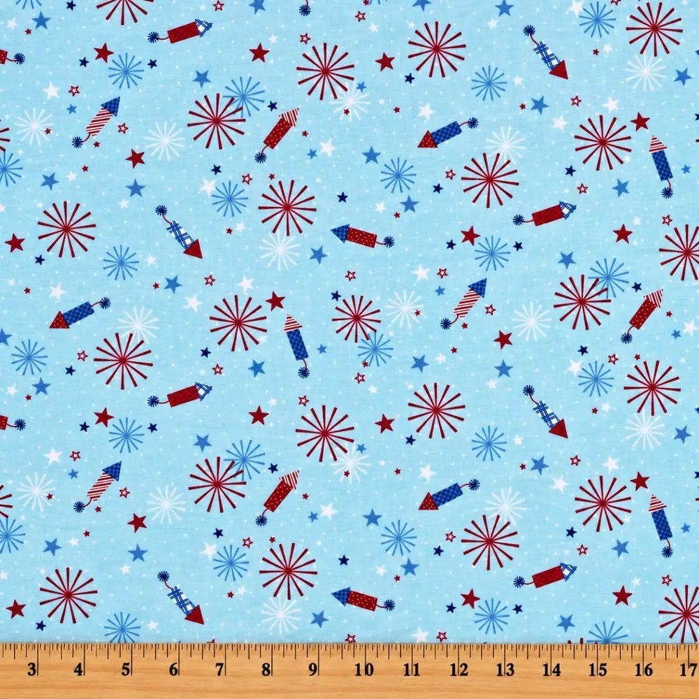 Maywood Studio Red White & Bloom Fireworks Aqua patriotic cotton quilting fabric