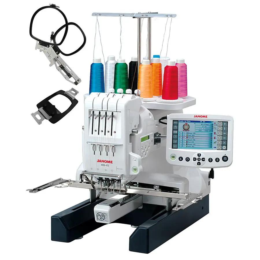 Janome MB-4S four-needle embroidery machine with colorful thread spools and accessories.
