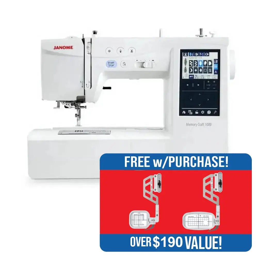 Janome Memory Craft 1000 sewing and embroidery machine, white with touchscreen display.