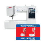 Janome Memory Craft 1000 sewing and embroidery machine, white with touchscreen display.