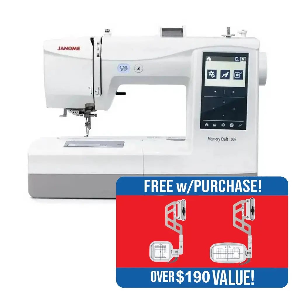 Janome Memory Craft 100E embroidery machine, white, featuring a large touchscreen display for easy design editing