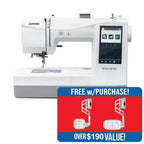 Janome Memory Craft 100E embroidery machine, white, featuring a large touchscreen display for easy design editing