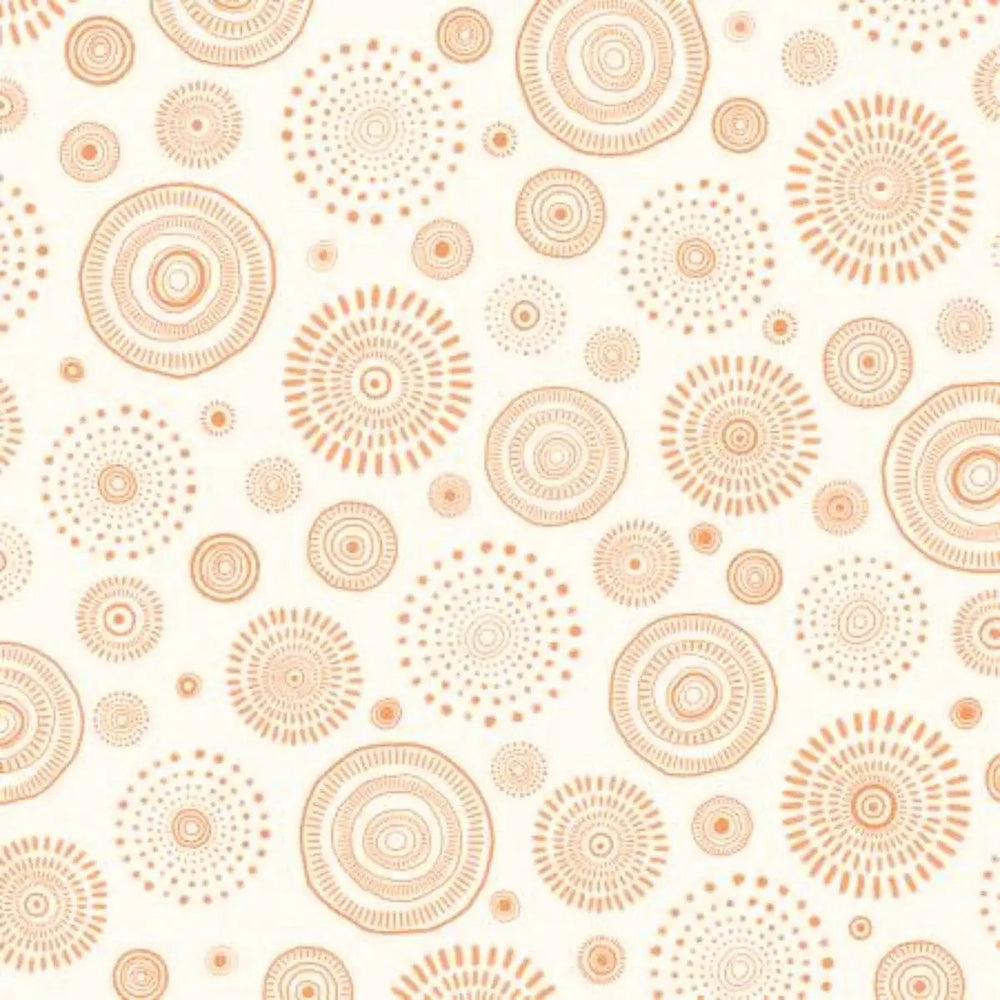 Mini Menagerie Tossed Geo Wheels orange quilting cotton fabric with orange geometric wheel motifs on an ecru background by P & B Textiles.