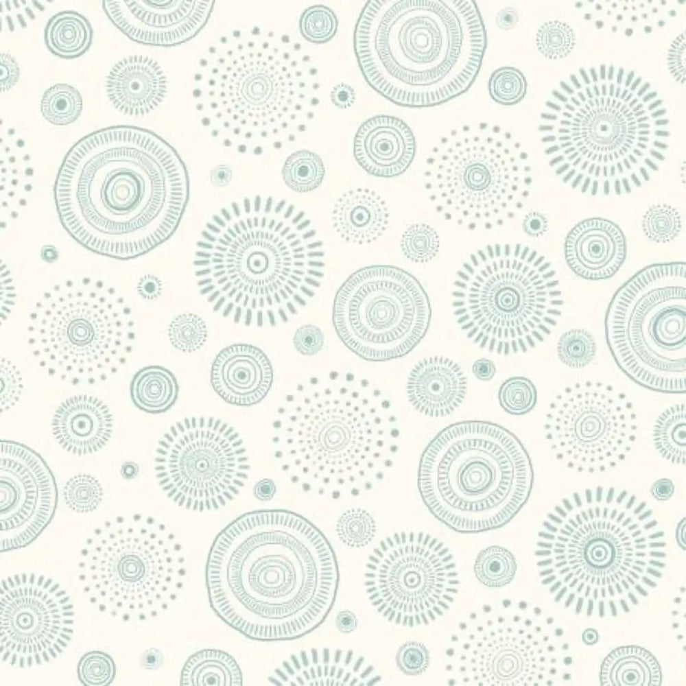 Mini Menagerie Tossed Geo Wheels teal quilting cotton fabric with teal geometric wheel motifs on an ecru background by P & B Textiles.