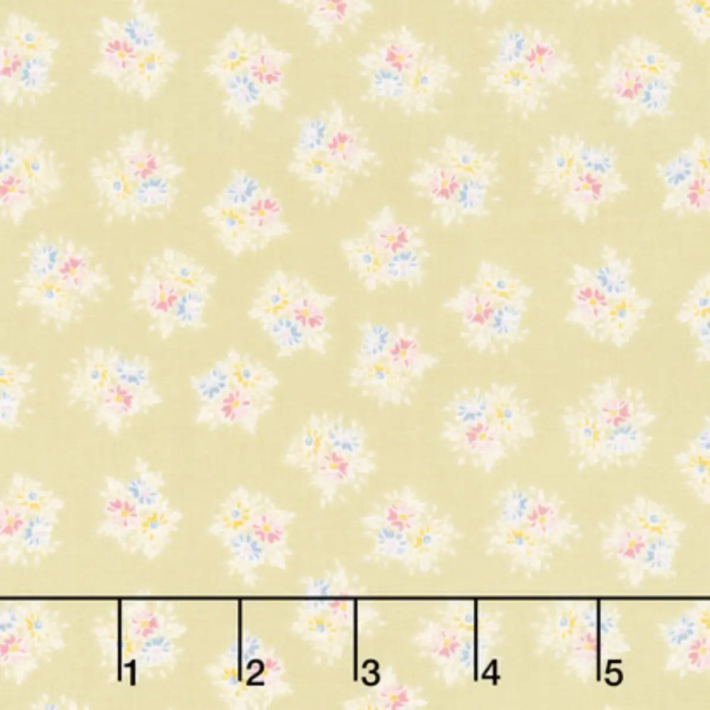Petite Fleur Posy Green quilting fabric with small multicolor floral bouquets on a soft green background by Makower UK