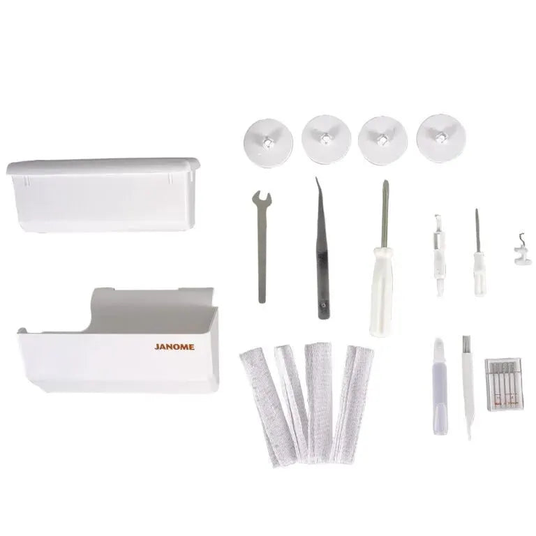 Janome MyLock 654D serger with white accessory kit including 4 spool caps, tweezers, and screwdrivers