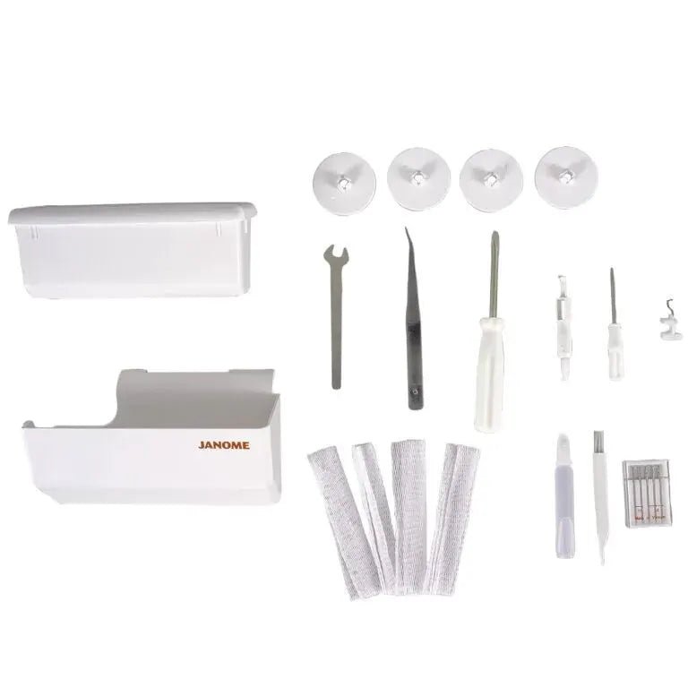 Janome MyLock 654D serger with white accessory kit including 4 spool caps, tweezers, and screwdrivers