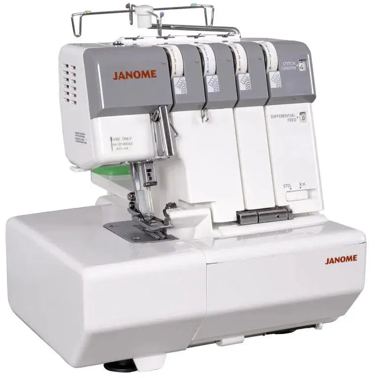 Janome MyLock 654D serger in gray and white with four-thread setup.