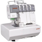 Janome MyLock 654D serger in gray and white with four-thread setup.