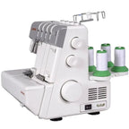 Janome MyLock 654D serger in white with four green-spool thread holders and large side knobs