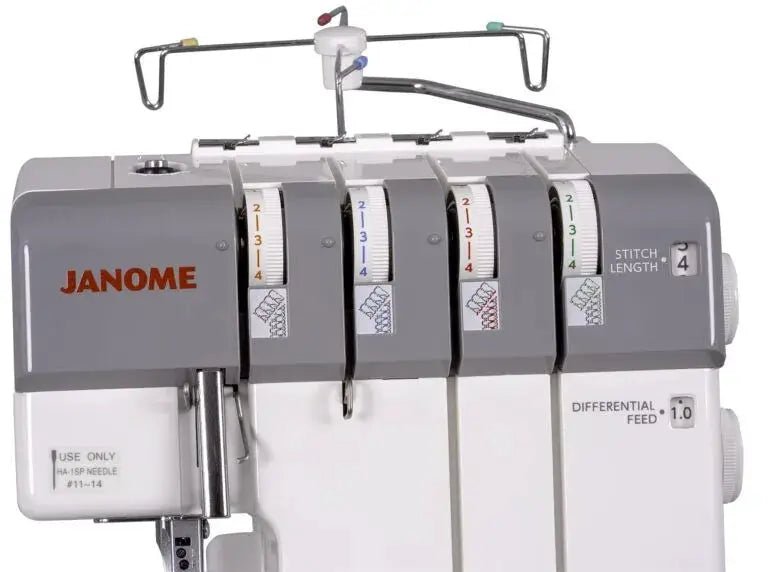 Janome MyLock 654D serger in gray with four thread spools and prominent JANOME logo