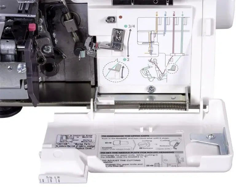 Janome MyLock 654D serger, white with front threading diagram and exposed interior components.