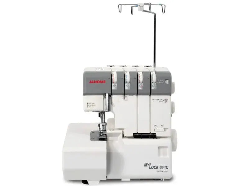 Janome MyLock 654D serger with thread stand, white and gray machine
