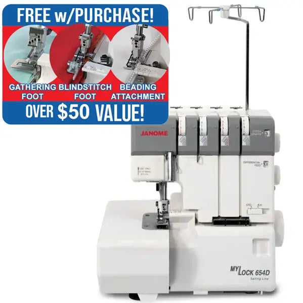 Janome MyLock 654D serger, white and gray, overlock sewing machine.