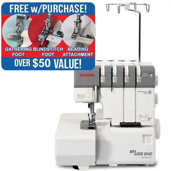 Janome MyLock 654D serger, white and gray, overlock sewing machine.