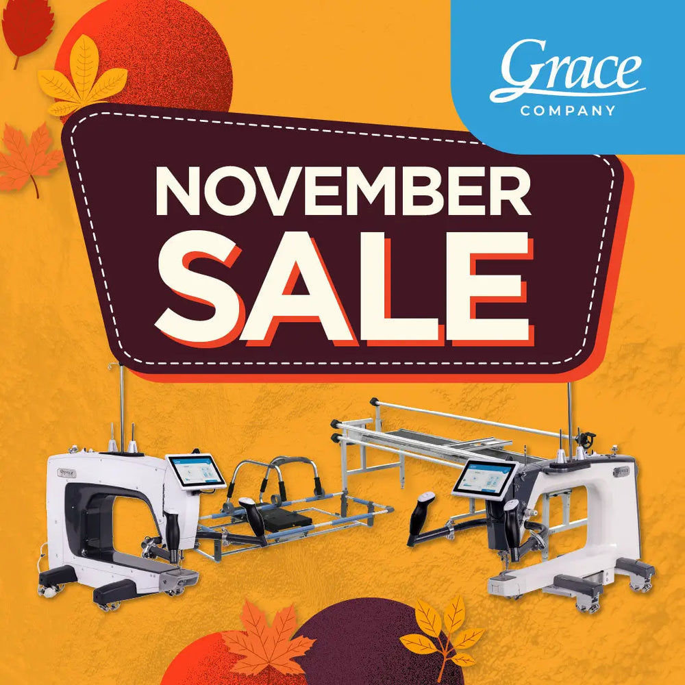 Grace Qnique 16X longarm quilting machine by Grace Company on a metal frame; two white machines pictured.